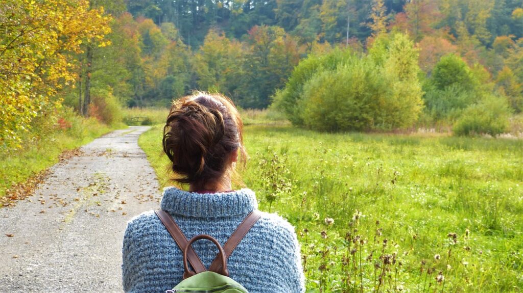 woman, path, nature